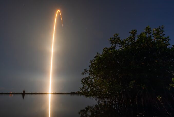 A Falcon 9 rocket streaks across the night sky over Florida as it lifts off on the Starlink 6-58 mission on May 12, 2024. Image: Adam Bernstein/Spaceflight Now