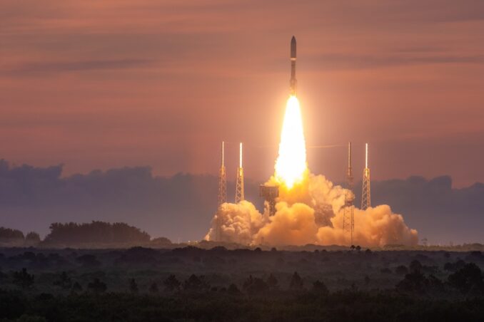 United Launch Alliances Atlas V 551 rocket rises from the launchpad at Space Launch Complex 41 as the Sun crests over the horizon. The rocket supported the USSF-51 mission on July 30, 2024. Image: Adam Bernstein/Spaceflight Now