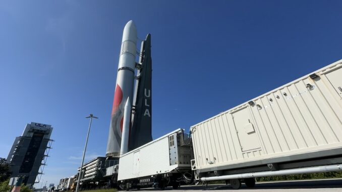 United Launch Alliance's Vulcan rocket made the one-third of a mile journey from its Vertical Integration Facility to the launch pad at Space Launch Complex 41 at Cape Canaveral Space Force Station late in the morning on Monday, Sept. 30, 2024. The rocket will fly ULA's second certification mission set to launch no earlier than Friday, Oct. 4. Image: Will Robinson-Smith/Spaceflight Now