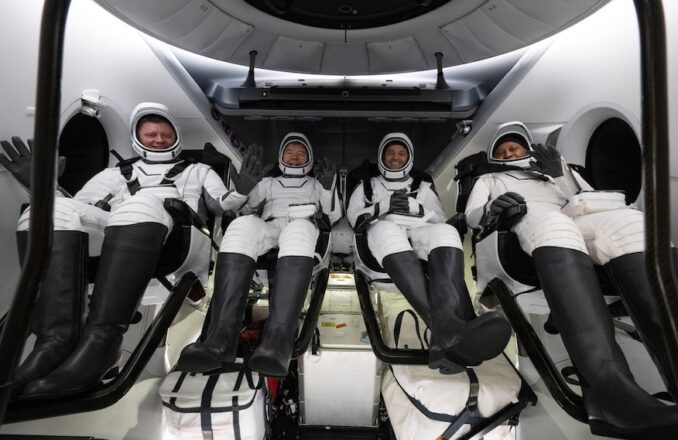 The four members of the SpaceX Crew-8 mission wave after the side hatch opens following their return to Earth on Oct. 25, 2024. Left to right: Roscosmos cosmonaut Alexander Grebenkin, pilot Michael Barratt, commander Matthew Dominick, astronaut Jeanette Epps. Image: SpaceX