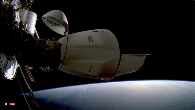 An image captured from Sen's 4K live camera positioned on the International Space Station facing the forward port on the Harmony module as SpaceX's Cargo Dragon spacecraft docked on Nov. 5, 2024. Image: Sen / NASA
