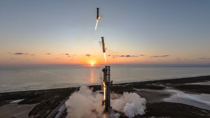 A merging of multiple photographs of SpaceX's Super Heavy booster as it made its way down to be caught my the 'Mechazilla' launch tower during the Starlink Flight 5 mission on Oct. 13, 2024. Image: SpaceX