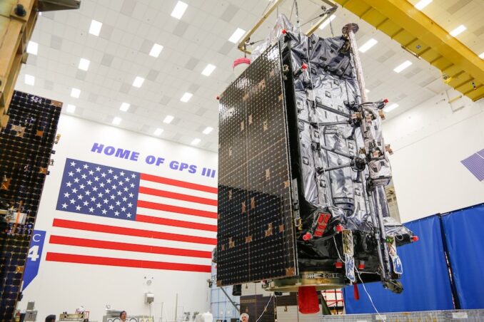 The GPS 3 Space Vehicle 07 stands in a clean room at Lockheed Martin's facilities in Littleton, Colorado. Image: Lockheed Martin