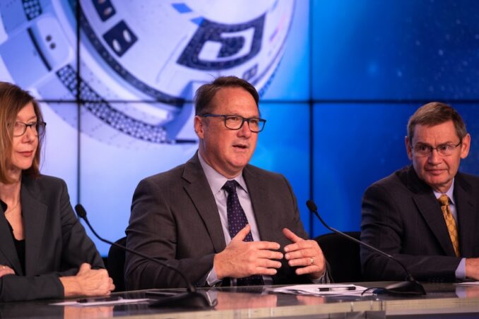 Officials from NASA, Boeing, United Launch Alliance and the U.S. Air Force 45th Weather Squadron participate in a prelaunch briefing for Boeing’s Orbital Flight Test at the agency’s Kennedy Space Center in Florida, Dec. 17, 2019. From left are Kathy Lueders, NASA Commercial Crew Program; John Mulholland, vice president and program manager, Boeing Commercial Crew Program; and John Elbon, chief operating officer, United Launch Alliance. Boeing’s CST-100 Starliner spacecraft will launch atop a United Launch Alliance Atlas V rocket from Space Launch Complex 41 at Cape Canaveral Air Force Station. The uncrewed Orbital Flight Test will be the Starliner’s first flight to the International Space Station for NASA’s Commercial Crew Program. Image: NASA