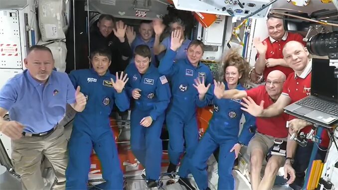 The four SpaceX Crew-10 members and the seven Expedition 72 crew members join each other for a welcoming ceremony shortly after the SpaceX Dragon crew spacecraft docked to the International Space Station and the hatches opened. Image: NASA