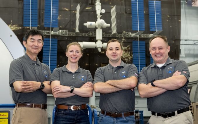 NASA’s SpaceX Crew-11 members stand inside the Space Vehicle Mockup Facility at the agency’s Johnson Space Center in Houston on Nov. 13, 2024. From left are Mission Specialist Kimiya Yui from JAXA (Japan Aerospace Exploration Agency), Commander NASA astronaut Zena Cardman, Mission Specialist Oleg Platonov of Roscosmos, and Pilot NASA astronaut Mike Fincke. Image: NASA/Josh Valcarcel