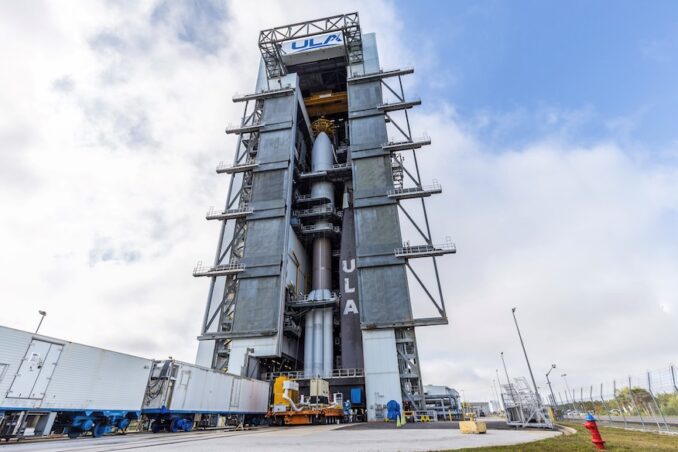 United Launch Alliance (ULA) hoists the Kuiper 1 mission payload atop the Atlas V rocket in the Vertical Integration Facility-G (VIF-G) adjacent to Space Launch Complex-41 at Cape Canaveral Space Force Station. The Atlas V will launch the Kuiper 1 mission for Amazon's Project Kuiper broadband satellite constellation. Image: United Launch Alliance