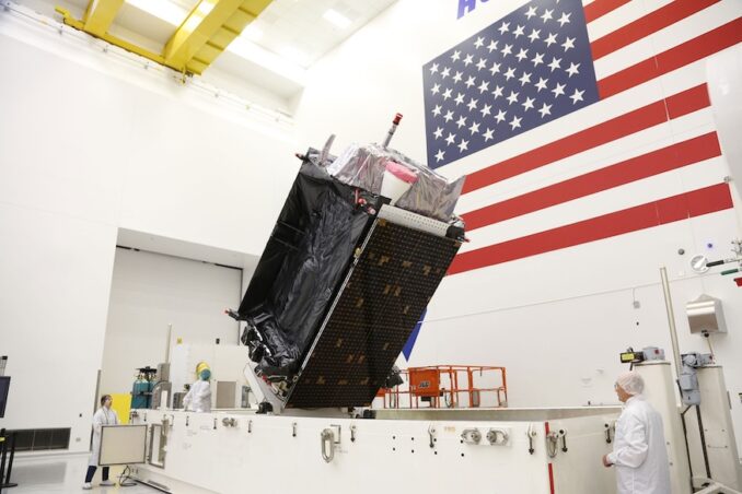 Seen here prior to being sealed in its shipping container at Lockheed Martin’s Littleton, Colorado facility, SV08 will join the U.S. Space Force’s operational GPS constellation in orbit. Image: Lockheed Martin.