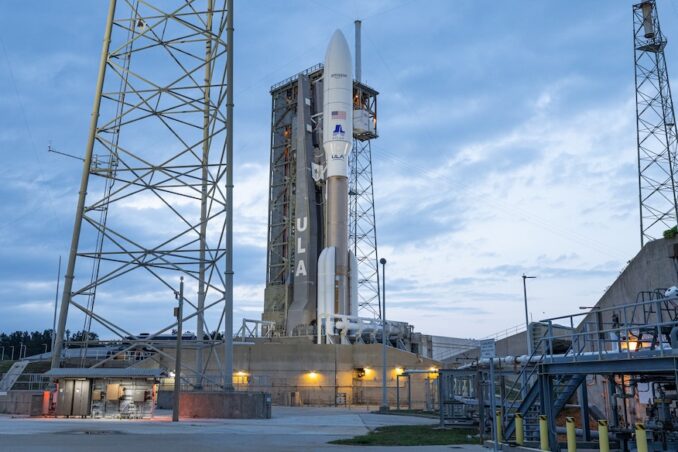 The United Launch Alliance (ULA) Atlas V rocket sits on Space Launch Complex 41 (SLC-41) at Cape Canaveral at sunset. The Atlas V will launch the Kuiper 1 mission for Amazon's Project Kuiper broadband satellite constellation. Image: United Launch Alliance