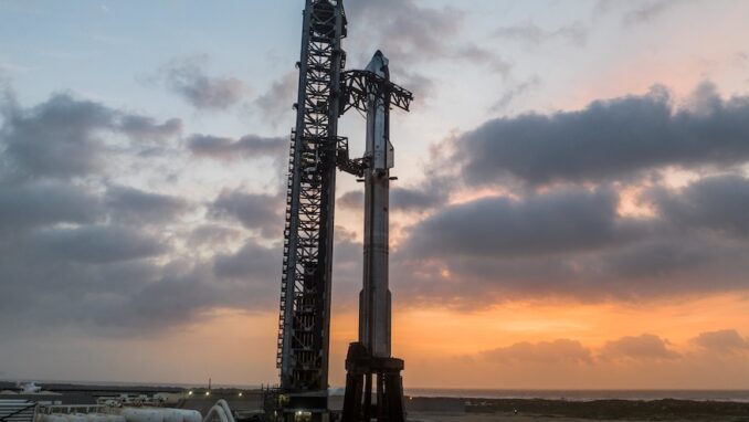 A SpaceX Starship-Super Heavy rocket stands stacked at Pad A at Starbase, Texas, ahead of the Starship Flight 9 mission. Image: SpaceX