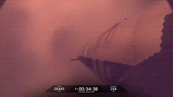 SpaceX's Starship upper stage, tail number S35, is shown in an uncontrolled reentry during the Starship Flight 9 mission on Tuesday, May 27, 2025. Image: SpaceX via livestream