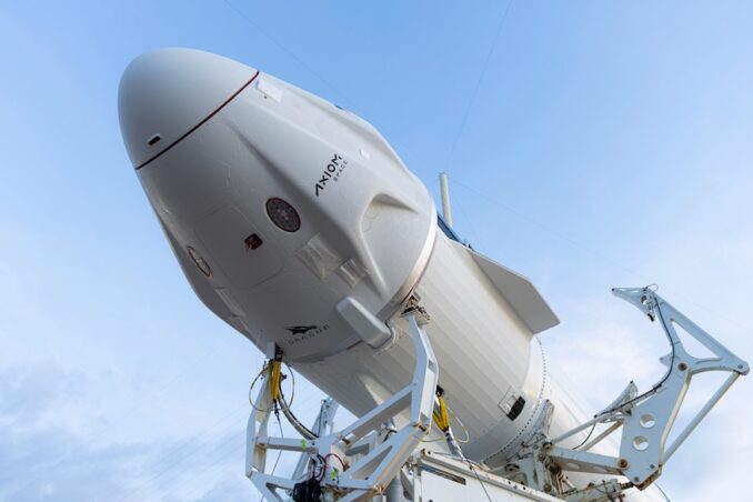 SpaceX rolls its newest Crew Dragon spacecraft along with the rest of the Falcon 9 rocket stack out to the pad at Launch Complex 39 on June 7, 2025, ahead of the launch of Axiom Mission 4. Image: SpaceX