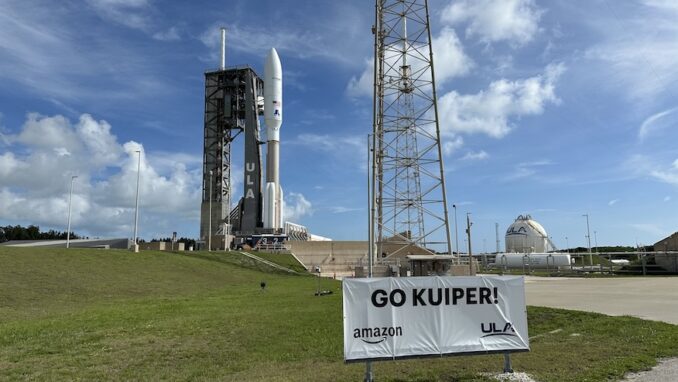 A United Launch Alliance Atlas 5 551 rocket stands at Space Launch Complex 41 (SLC-41) at Cape Canaveral Space Force Station ahead of the Kuiper Atlas 2 (KA-02) mission launch. Image: Will Robinson-Smith/Spaceflight Now